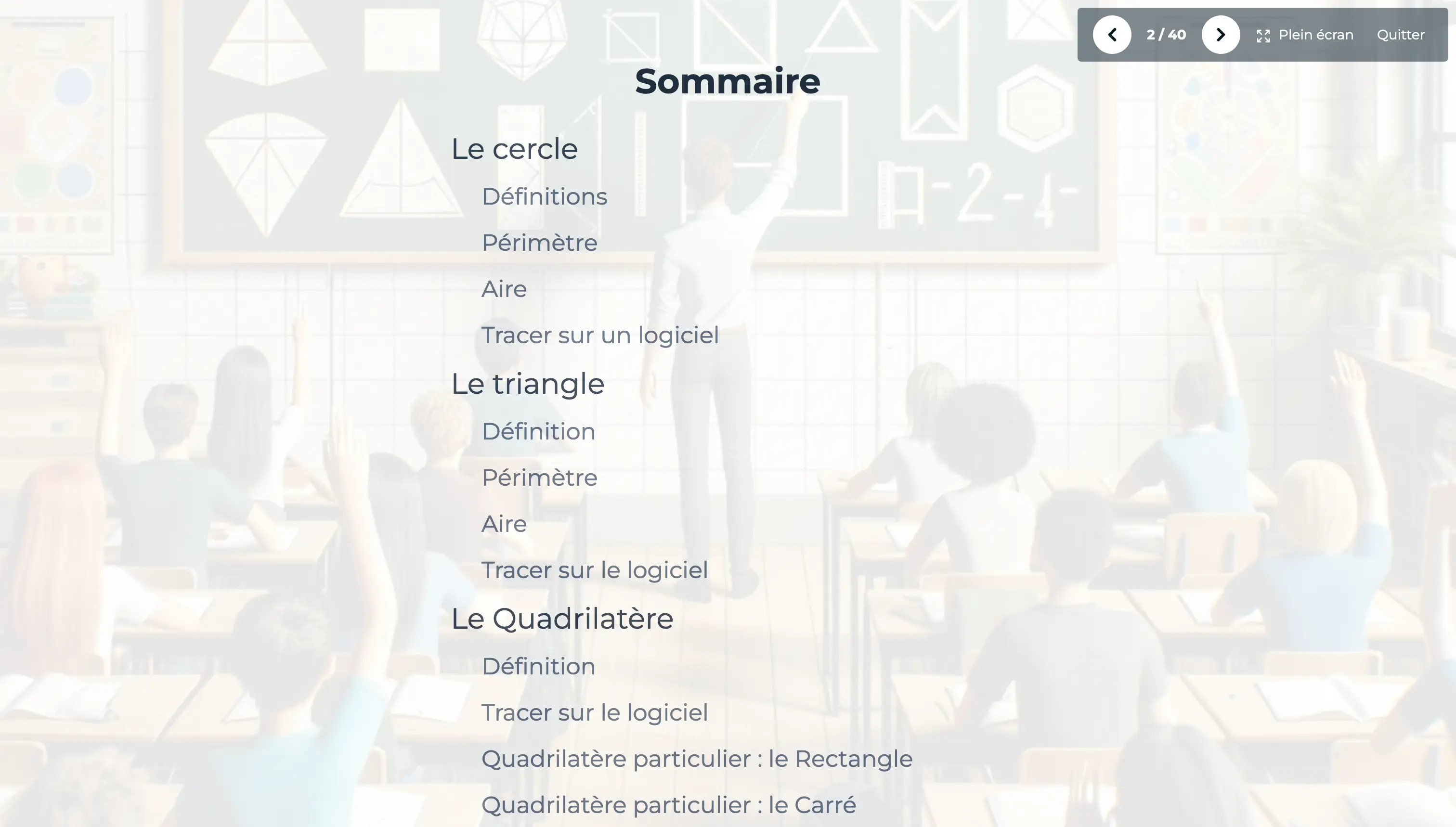 Capture d'écran de la deuxième slide du diaporama. On peut ici lire le sommaire de la ressource, avec ses différents chapitre et sous-parties.