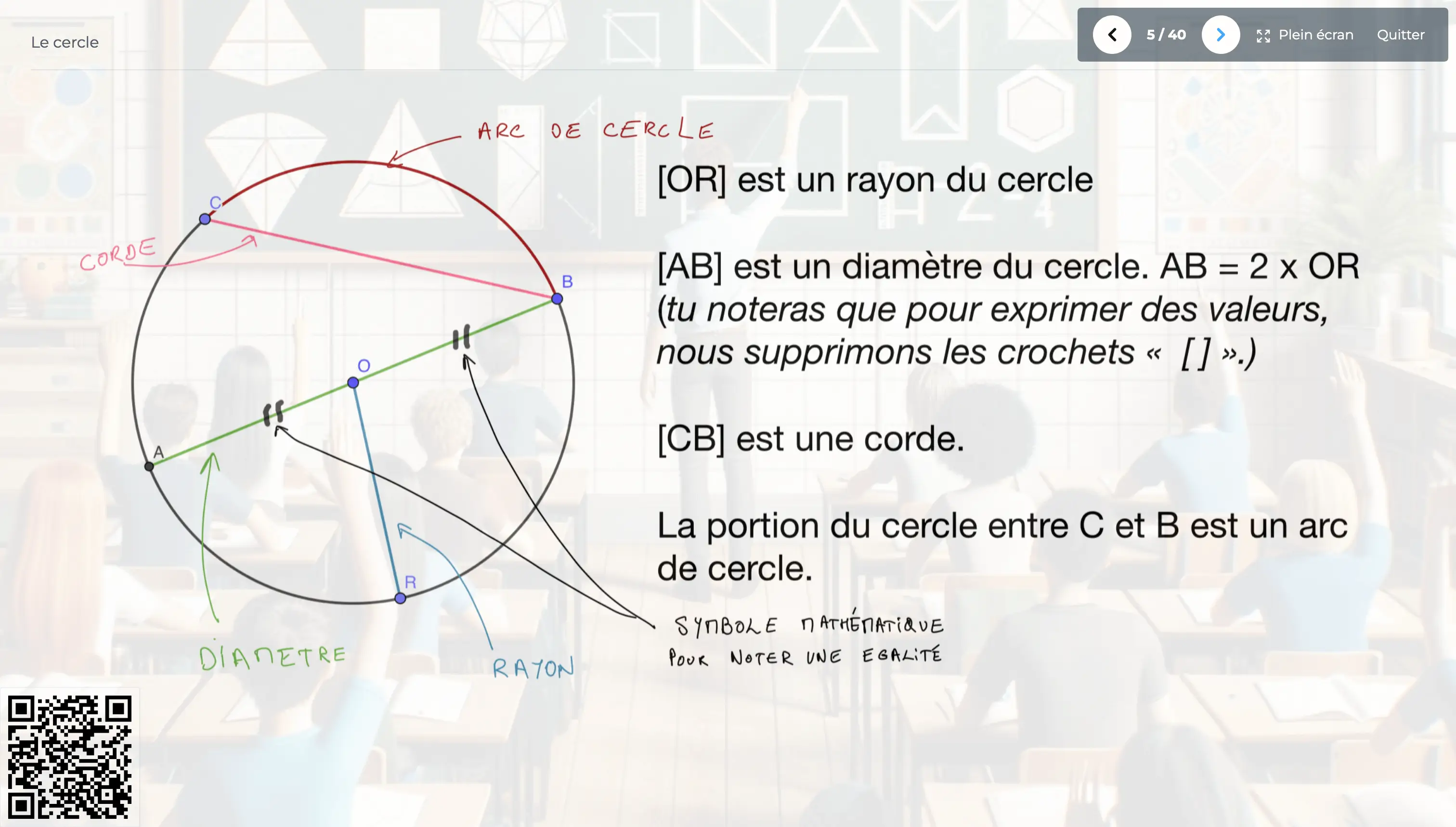 Capture d'écran de la cinquième slide. Une image d'un cercle est avec plusieurs défintions est affichée sur l'entièreté de la slide. On peut aussi apercevoir un QR code en bas à gauche de la slide, qui permet aux élèves d'accéder à l'image sur leur tablette en le flashant.